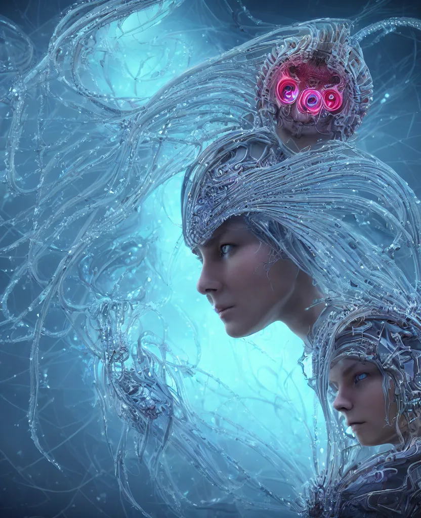 Image similar to epic medieval futuristic close-up macro portrait of the face of a beautiful princess, epic angle and pose, symmetrical artwork, 3d with depth of field, blurred background, cybernetic jellyfish female face skull phoenix bird, translucent, nautilus, energy flows of water and fire. a highly detailed epic cinematic concept art CG render. made in Maya, Blender and Photoshop, octane render, excellent composition, cinematic dystopian brutalist atmosphere, dynamic dramatic cinematic lighting, aesthetic, very inspirational, arthouse. y Greg Rutkowski, Ilya Kuvshinov, WLOP, Stanley Artgerm Lau, Ruan Jia and Fenghua Zhong