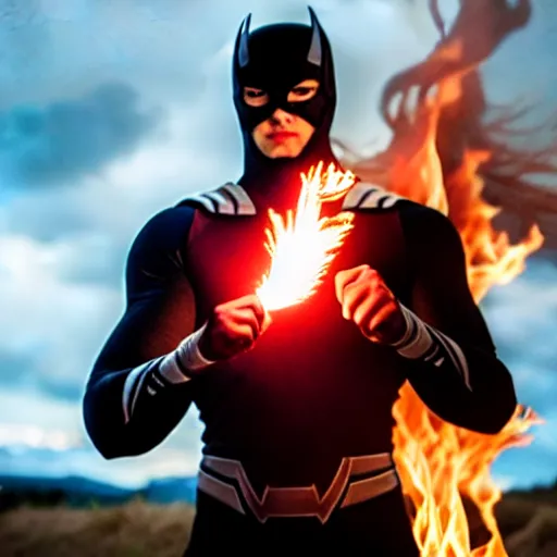 Image similar to photo of a superhero with fire powers