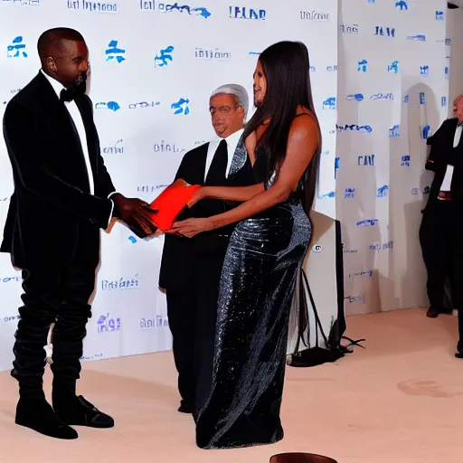 Image similar to Kanye West wearing a dress, receiving the Noble Prize from Anthony Fauci