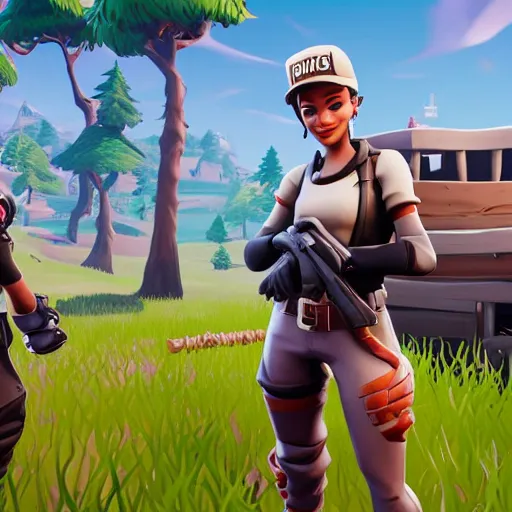 Prompt: Fortnite; girl with short brown hairm, wearing a beret; white shirt ; Fortnite