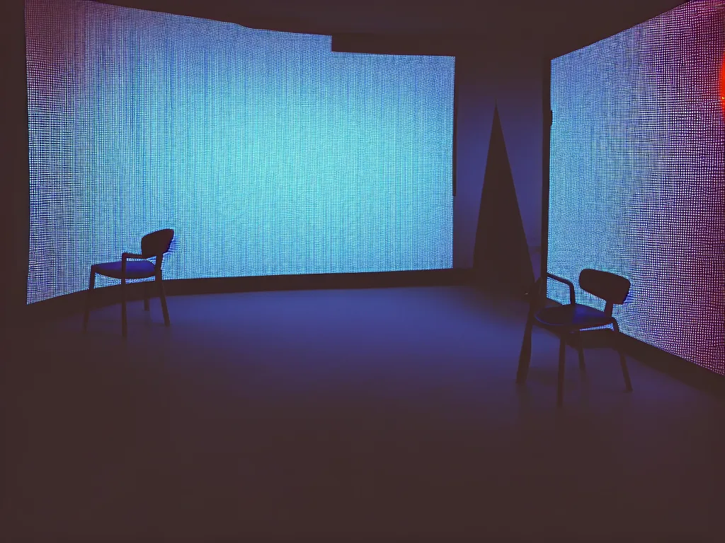 Image similar to room with overlaping screens projecting art, pixel perfect image, high contrast, volumetric lighting, tiny neon light, chair, user, pair of keys