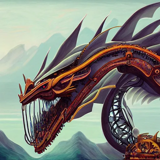 Image similar to a portrait of a mechanical dragon in a scenic environment by jessada sutthi