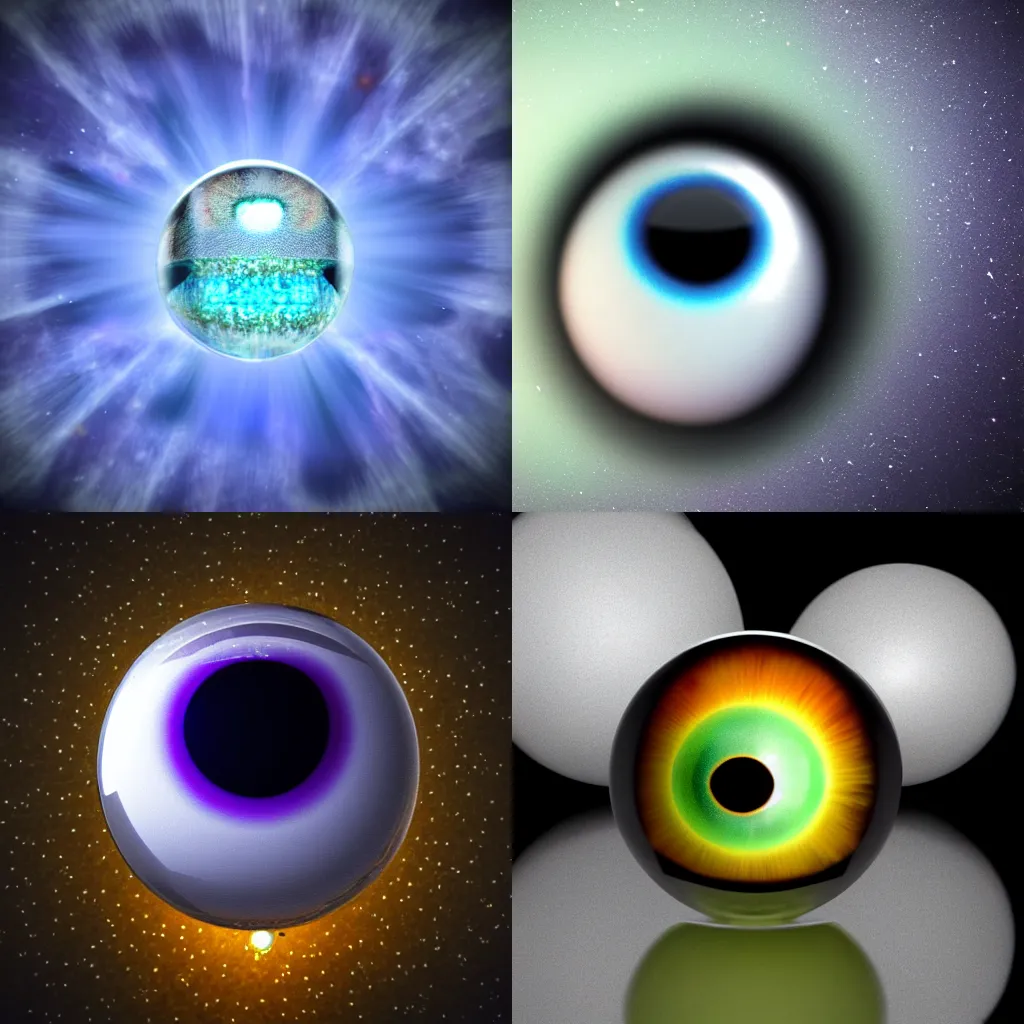 Prompt: 3d render HD macro, scary eye with big iris in small glass sphere , orb ,floating in cosmic space