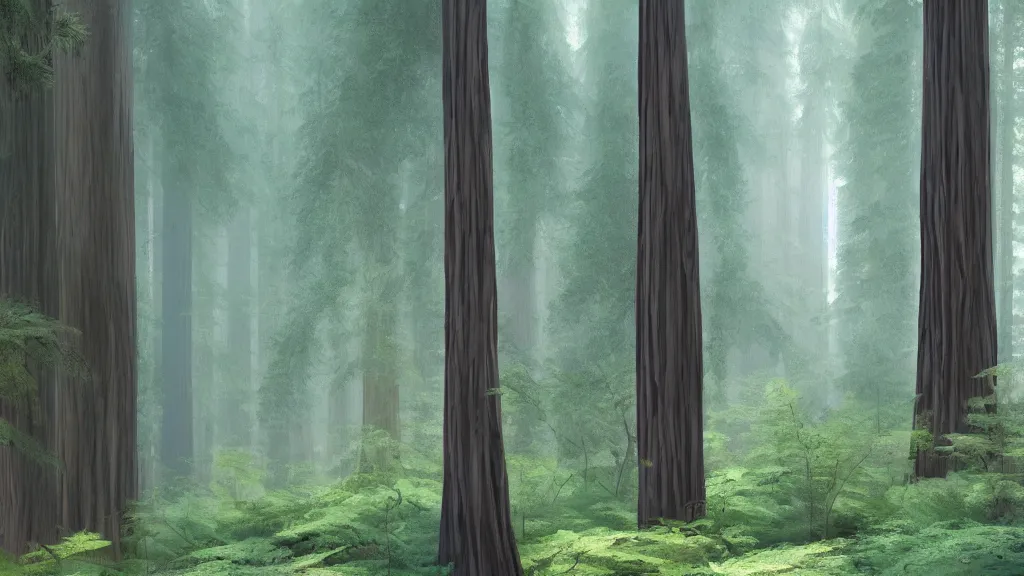 Image similar to dense redwood forest sequoia concept art misty