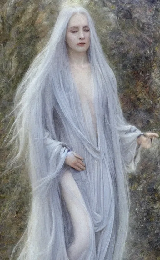 Image similar to say who is this with silver hair so pale and wan! and thin!? female angel, wearing long silver robes, flowing hair, pale fair skin, you g face, silver hair, covered!!, clothed!! lucien levy - dhurmer, jean deville, oil on canvas, 1 8 9 6, 4 k resolution, aesthetic!, mystery