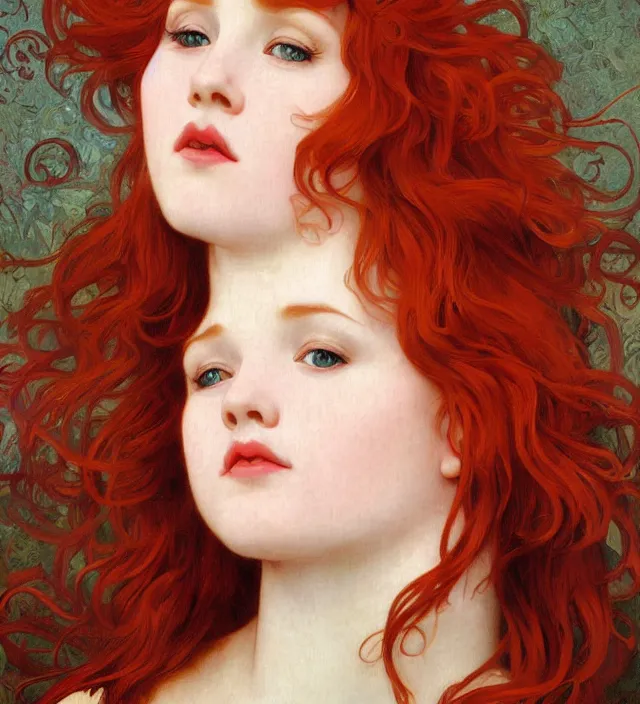 Image similar to intricate art nouveau portrait oil painting of redheaded young molly ringwald with long red hair blowing in the wind, mouth open, wearing a thin white dress, in front of a carved screen, elegant, digital painting, smooth, sharp focus, illustration, ultra realistic, 8 k, by bouguereau, alphonse mucha, artgerm, and donato giancola