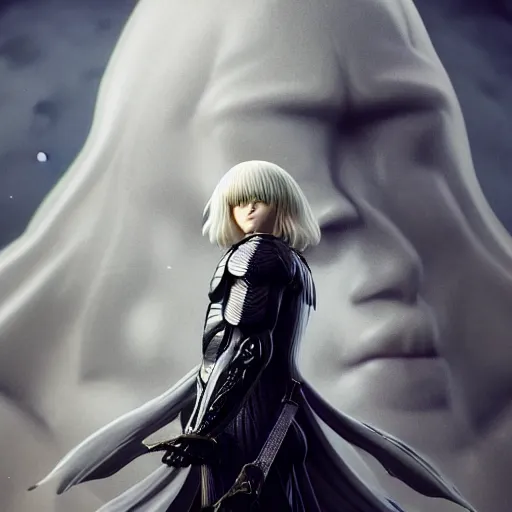 Image similar to full body portrait of griffith from berserk manga, posing, symmetrical composition, centred composition, hyperdetailed, octane render, photorealism, 4 k