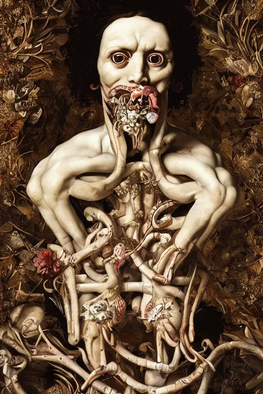 Image similar to Detailed maximalist portrait a Greek god with large lips and with large white eyes, exasperated expression, fleshy skeletal, botany, HD mixed media 3d collage, highly detailed and intricate, surreal illustration in the style of Caravaggio, dark art, baroque