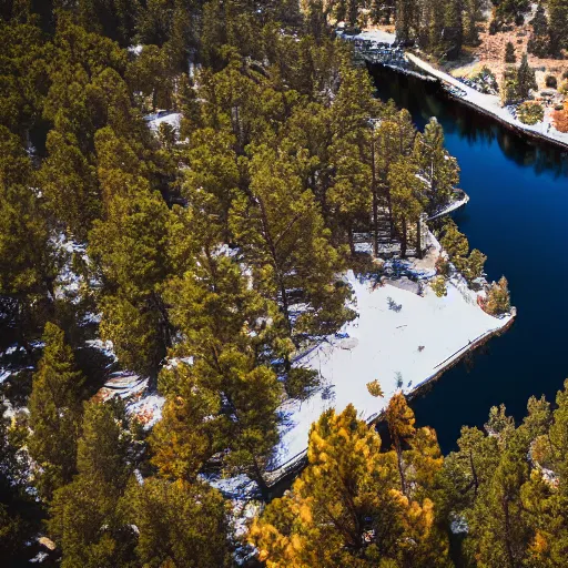 Image similar to Tilt Shift Photography, Big Bear Lake California, Ariel drone shot, 8k