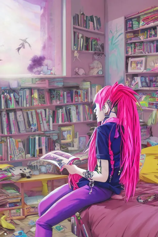 Prompt: concept art painting of an anime cybergoth girl with pink dreads on the floor reading a book in a cluttered 9 0 s bedroom, artgerm, jamie hewlett, toon shading, cel shading, calm, tranquil, vaporwave colors, rendered by substance designer, lifelike,