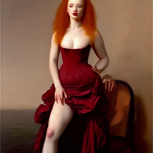 Prompt: portrait en buste Madelaine Petsch in bustle dress by Roberto Ferri, realist