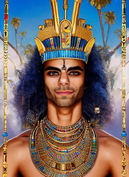 Prompt: muscular Egyptian pharaoh Zayn Malik grinning and wearing cholo sunglasses and a heavy bejeweled gold crown with huge blue diamonds on his head while shirtless and wearing a thick gold blue diamond chain around his neck, blue diamonds, a white falcon on his shoulders, steelpunk, ghibli studio, nekro, Tom Bagshaw, Craig Mullins, octane 8k, by brian froud, Trending on ArtStation