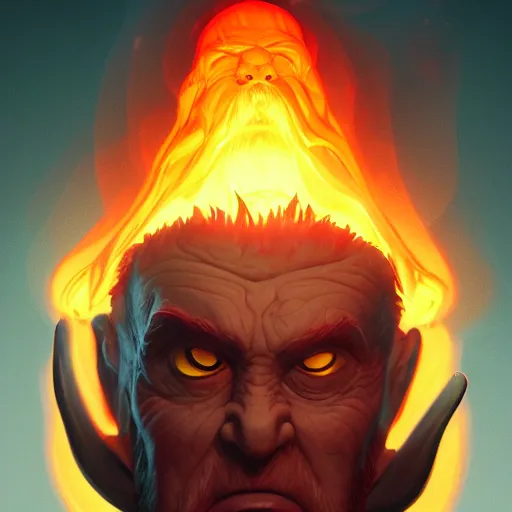 Image similar to Portrait of an evil old god, fire beard, golden eyes, huge horns, mattepainting concept Blizzard pixar maya engine on stylized background splash comics global illumination lighting artstation lois van baarle, ilya kuvshinov, rossdraws