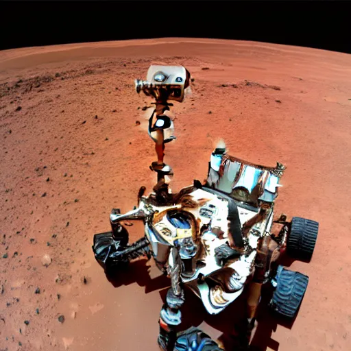 Prompt: dmitry rogozin on mars, rover image, orange environment