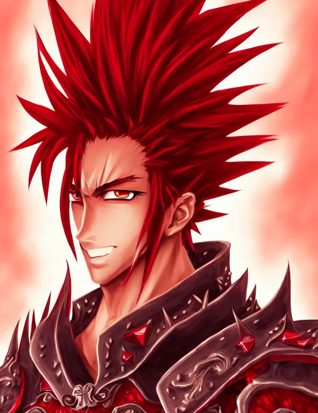 Image similar to a detailed manga portrait of a handsome tall man with spiked crimson hair in fiery crimson crystalline armour, trending on artstation, digital art, 4 k resolution, detailed, high quality, sharp focus, hq artwork, coherent, insane detail, character portrait