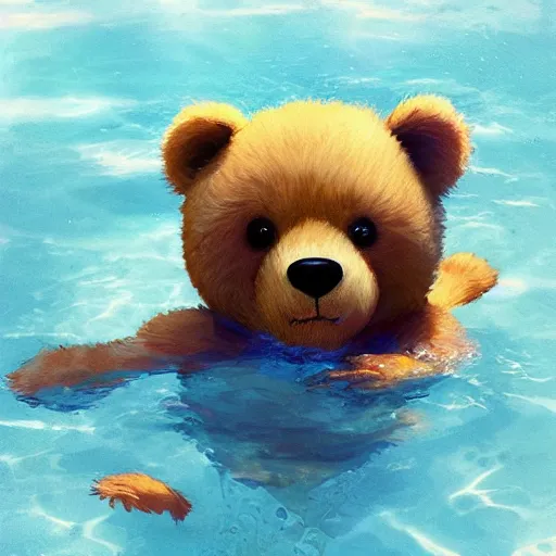 Prompt: a teddy bear in a pool, ripples, reflection on the water, sunny. By Makoto Shinkai, Stanley Artgerm Lau, WLOP, Rossdraws, James Jean, Andrei Riabovitchev, Marc Simonetti, krenz cushart, Sakimichan, trending on ArtStation, digital art.