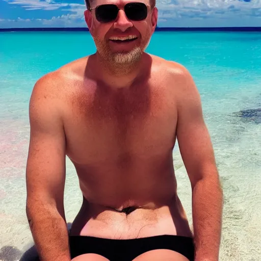 Prompt: photo of a 4 0 year old white man living the best life possible. he looks young for his age. women in bikinis can be seen behind him, it's as if he were in a music video and didn't know it.