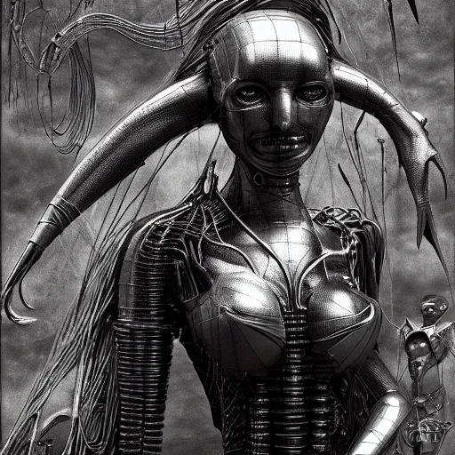 Image similar to a 3 d chromium and graphite render of a cyborg machina - nymphette, portrait by tony diterlizzi and h. r giger, ilford hp 5, 5 5 mm, hyper realistic, hyper - mechanistic by artgerm, gustav dore, peter mohrbacher, gothcore, disturbia, joseph christian leyendecker