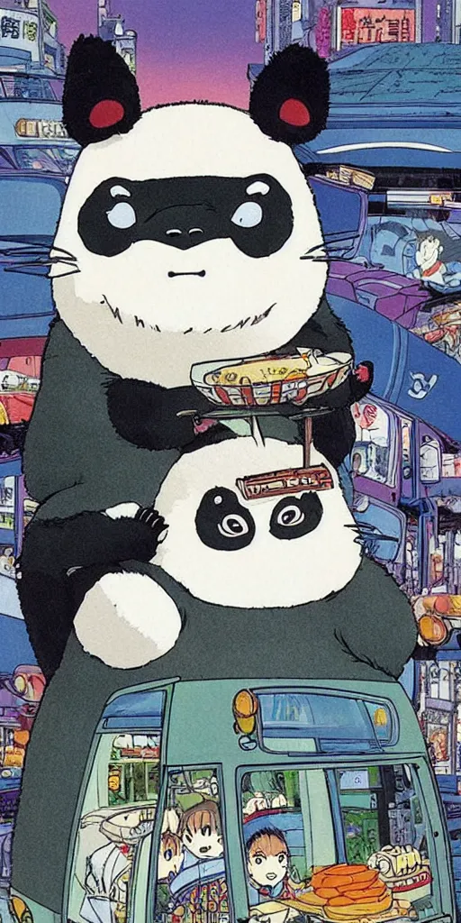 Image similar to a panda bus in japan like totoro, 1990s anime, full color, tarot card the chariot, highly detailed ,