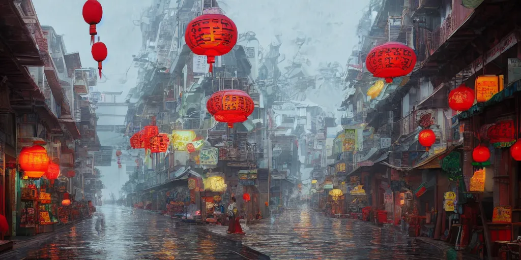 Prompt: a quiet petaling street in chinatown, kuala lumpur, rainy day, matte painting, studio ghibli, artstation