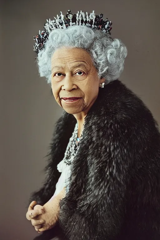 Image similar to a colour photograph of an elderly black lady with grey curly hair, wearing a crown and clothing of Queen Elizabeth the second, 50mm lens, portrait photography, taken by Robert Capa, studio lighting