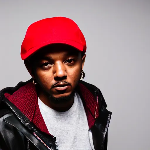 Image similar to kendrick lamar wearing mario hat, red hat with white circle and red m, studio lighting