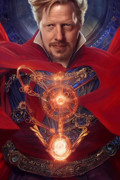 Image similar to Boris Johnson as Doctor Strange, portrait, Sanctum Sanctorum, highly detailed, digital painting, artstation, concept art, smooth, sharp focus, illustration, cinematic lighting, art by artgerm and greg rutkowski and alphonse mucha