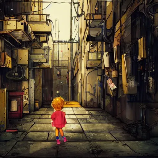 Image similar to a small blonde child staring up at a wall mural in an impoverished sci-fi cyberpunk tenement violent dirty alley, science fiction, illustration,