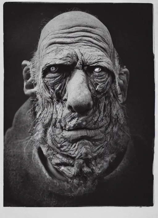 Prompt: A portrait photo of a very old cyclope man , high contrast, black and white