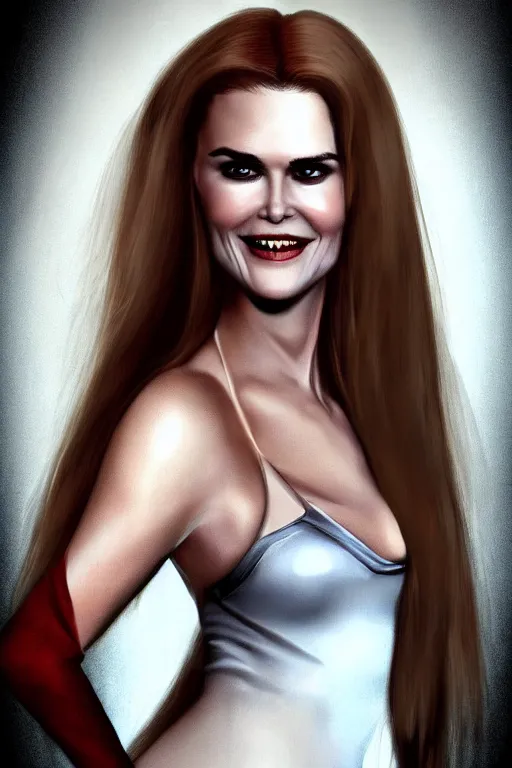 Image similar to mix of beautiful young maria shriver, mariel hemmingway, brooke shields, nicole kidman and elle macpherson as a vampire showing vampire teeth, ready to bite, thin lips, hair tied up in a pony tail, dark blonde hair, colorful, deviantart, artstation, cgsociety