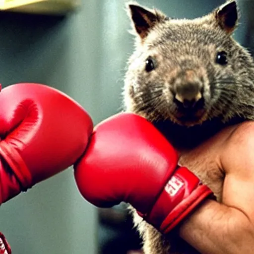 Image similar to a wombat wearing boxing gloves, movie still from Rocky
