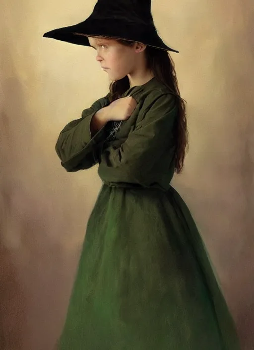 Prompt: a portrait of an eleven year old girl with brown hair. she is wearing a simple green dress and a black pointed witch hat. beautiful painting with highly detailed face by greg rutkowski and magali villanueve