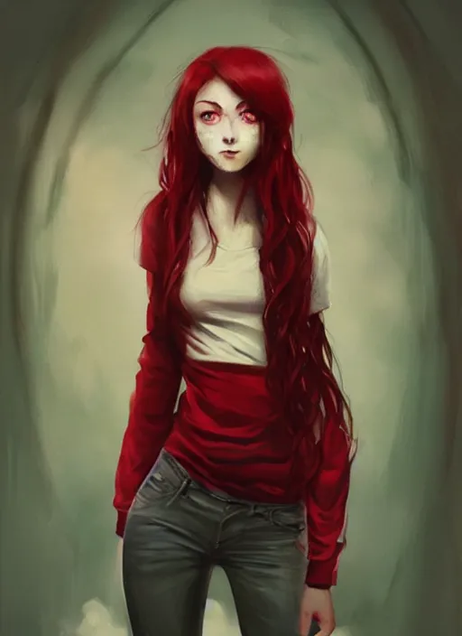 Prompt: painting of a beautiful tomboy girl with long, crimson red hair and glowing red eyes, wearing a dark red shirt and green jeans with a stern look, concept art, character design, trending on artstaion, by WLOP, by Tomine, by Kon, Satoshi, by Hildebrandt
