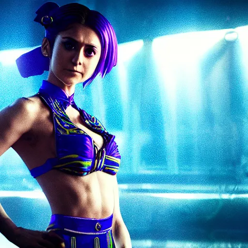 Image similar to cinematic scene with nina dobrev as jolyne from jojo's bizarre adventure, live action film, stone ocean, dramatic, small details, volumetric lighting, still frame