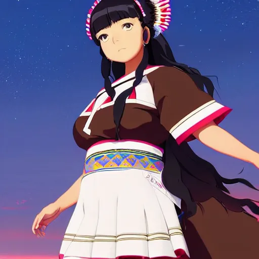 Image similar to a beautiful! plus sized native women instagram model, brown skin, wearing elegant catholic school girl designer fashion with mayan pattern and native style, aztec street fashion, gapmoe yandere grimdark, trending on pixiv fanbox, painted by greg rutkowski makoto shinkai takashi takeuchi studio ghibli, akihiko yoshida