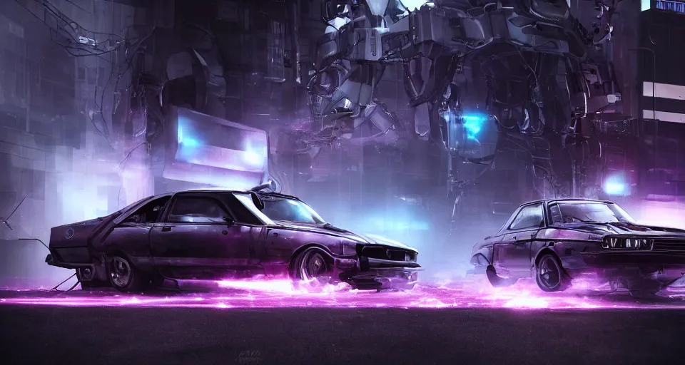 Image similar to movie still cyberdyne cars from terminator, dark cinematic lighting, smoke, atmospheric, purple lasers, low angle photography, beautiful, cyberpunk, artstation,