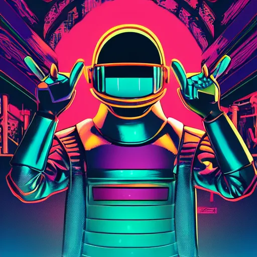 Image similar to shovel knight as daft punk, Aaron Campbell behance, synthwave background,4k, colorful, digital art