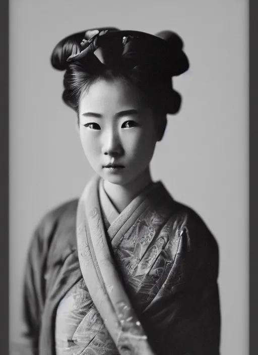 Prompt: a wet plate portrait of a young asiatic young woman, geisha, photorealistic, cinematic light, highly detailed, smooth, sharp focus, illustration, shallow depth of field