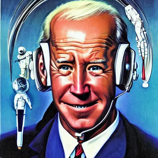 Image similar to surreal portrait of joe biden as psychedelic 1 9 2 0 s astronaut, by j. c. leyendecker, bosch, alex grey, jon mcnaughton, and beksinski