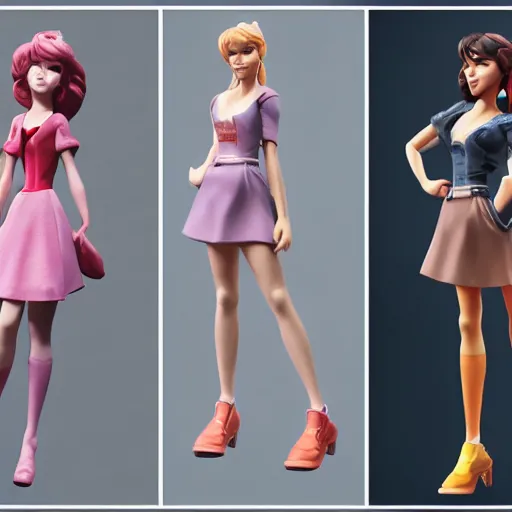 Image similar to disney inspired female figurines, teenagers, full body, realistic portrait, anime style, octane render 8 k, unreal engine, hd