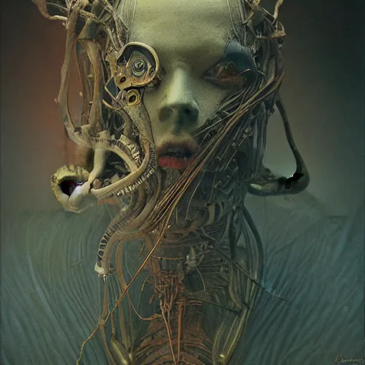 Prompt: by waterhouse, by beksinski, by mucha, by giger, high quality, color photography portrait of biomechanical yokai, facing camera, photorealistic, highly detailed, haunting, occult, extremely detailed, intricate, dramatic lighting, volumetric lighting, octane render, 8 k