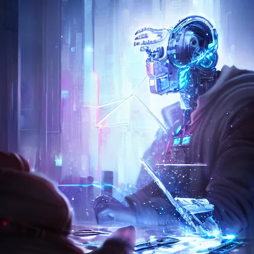 Image similar to an evil cybernetic magician releasing ice spell, cyberpunk concept art, trending on artstation, highly detailed, intricate, sharp focus, digital art, 8 k