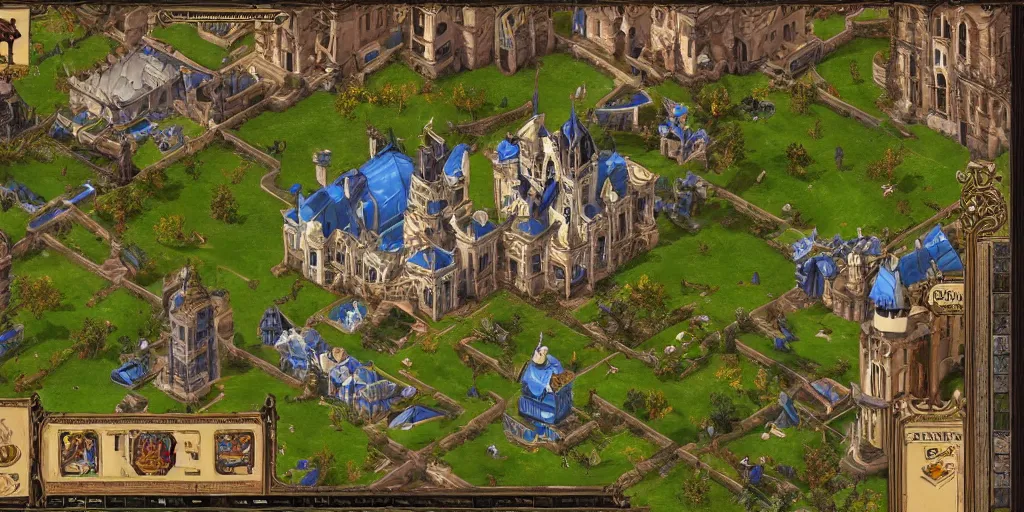 Image similar to art nouveau real time strategy in style of Pre Rafael, gameplay, units, buildings, base, medieval, fantasy, bright colors, high contrast, high detailed, Art Deco, Age of Empires 2, Warcraft 3 gameplay, Battle for MidlleEarth, Stronghold