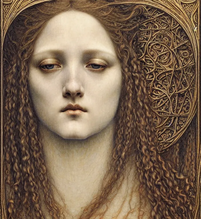 Image similar to detailed realistic beautiful young medieval queen face portrait by jean delville, gustave dore and marco mazzoni, art nouveau, symbolist, visionary, gothic, pre - raphaelite. horizontal symmetry