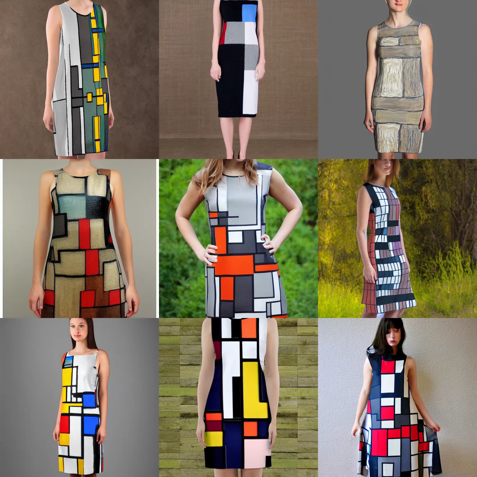 Prompt: mondrian abstract art dress, muted nature colors