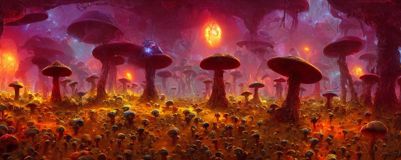 Image similar to ” partly eaten alien mushrooms, [ by paul lehr, cinematic, detailed, epic, widescreen, opening, establishing, mattepainting, photorealistic, realistic textures, octane render ] ”