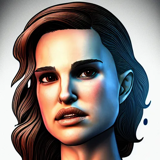 Image similar to natalie portman portrait, borderlands, tales from the borderlands, the wolf among us, comic, cinematic lighting, studio quality, 8 k