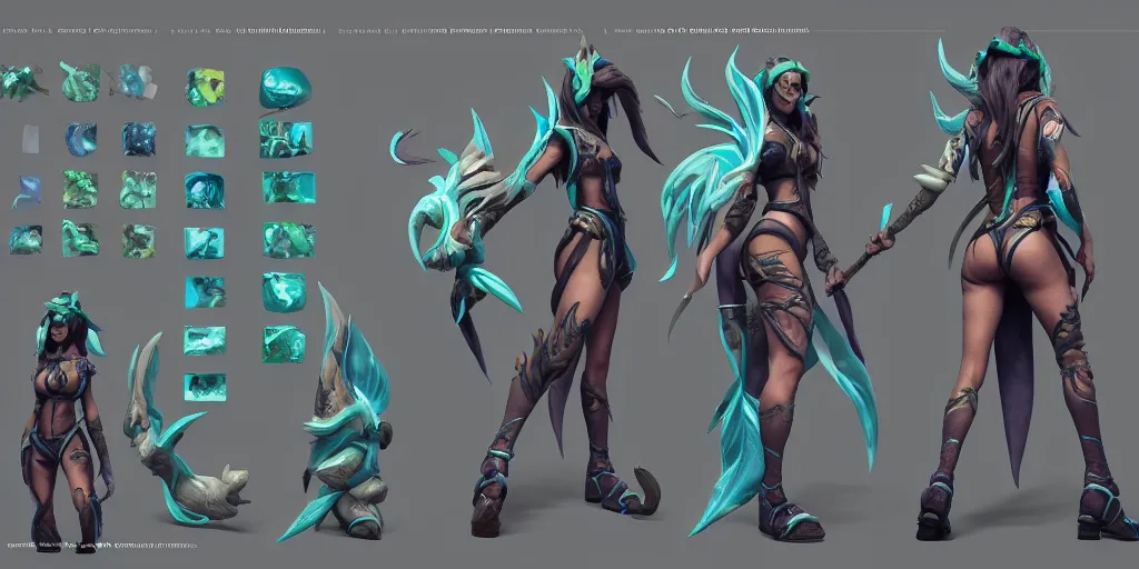 Prompt: character sheet of Ocean Song Akali (wild rift). 3d render, octane render, realistic, highly detailed, trending on artstation, 4k, trending on artstation, pixar, cgsociety, unreal engine 5, redshift render, trending on artstation, blender, behance, cg