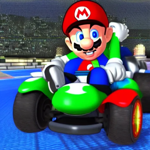 Prompt: video game screenshot of eminem in mario kart