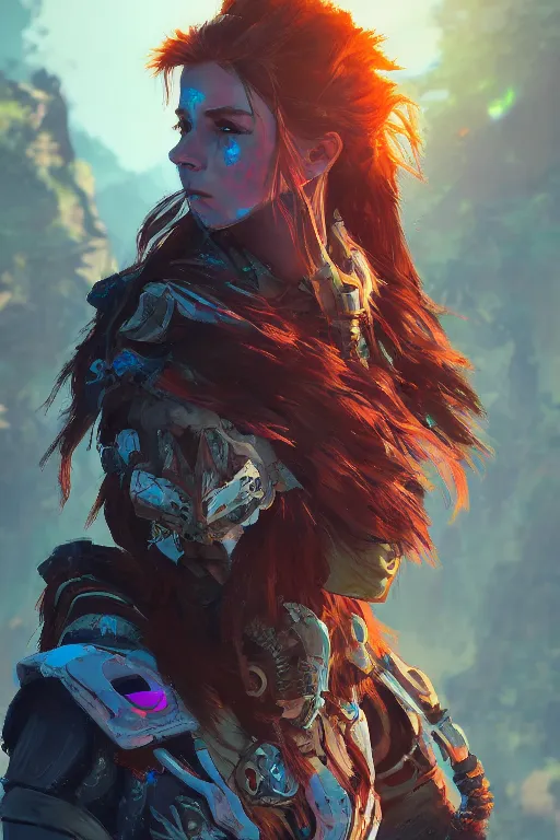 Image similar to combination suit armor aloy horizon forbidden west horizon zero dawn radiating a glowing aura global illumination ray tracing hdr fanart arstation by ian pesty and alena aenami artworks in 4 k tribal robot ninja mask helmet backpack